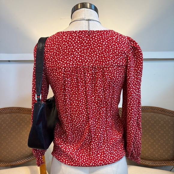 Madewell Red Floral Patterned Women's Long Sleeve Top Blouse, Oversized - Picture 3 of 11